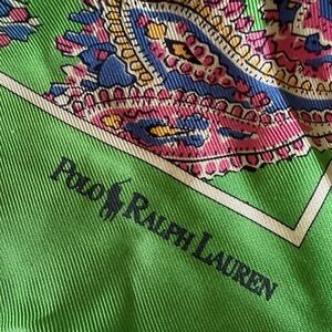 Polo by Ralph Lauren Green Paisley Silk Scarf with Pink Blue and Gold Accents